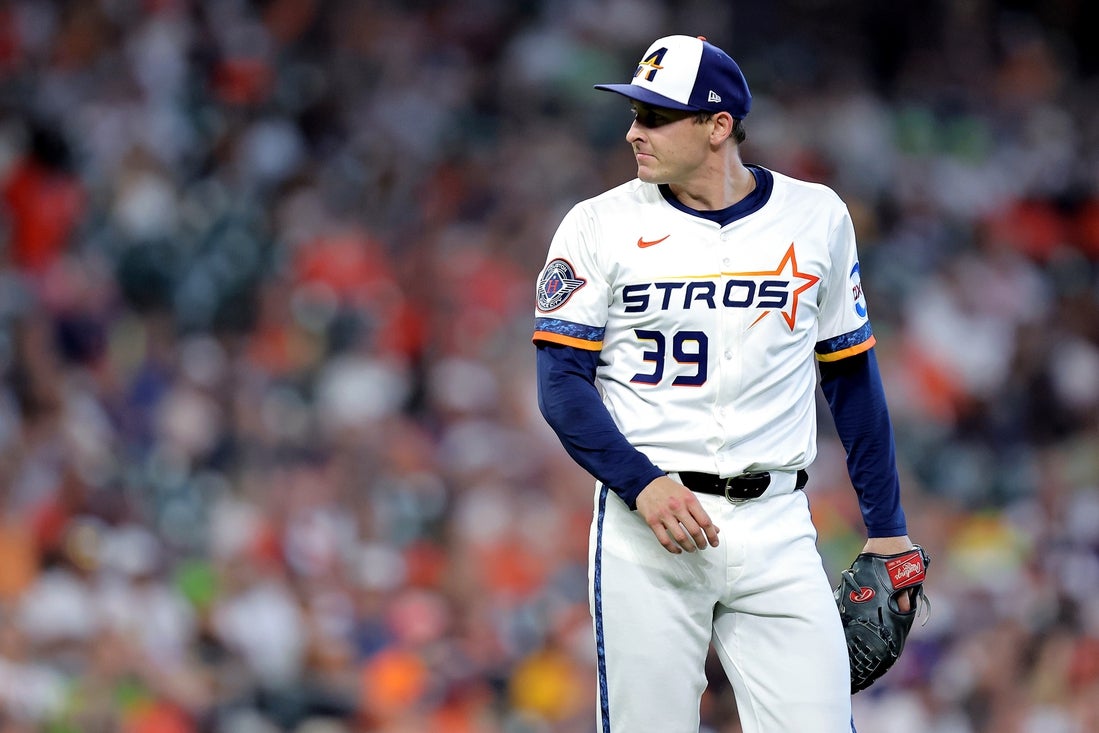 Apr 13, 2025; Houston, Texas, USA; Houston Astros starting pitcher Hayden Wesneski (39) reacts after a strikeout against the Los Angeles Angels during the sixth inning at Daikin Park. Mandatory Credit: Erik Williams-Imagn Images