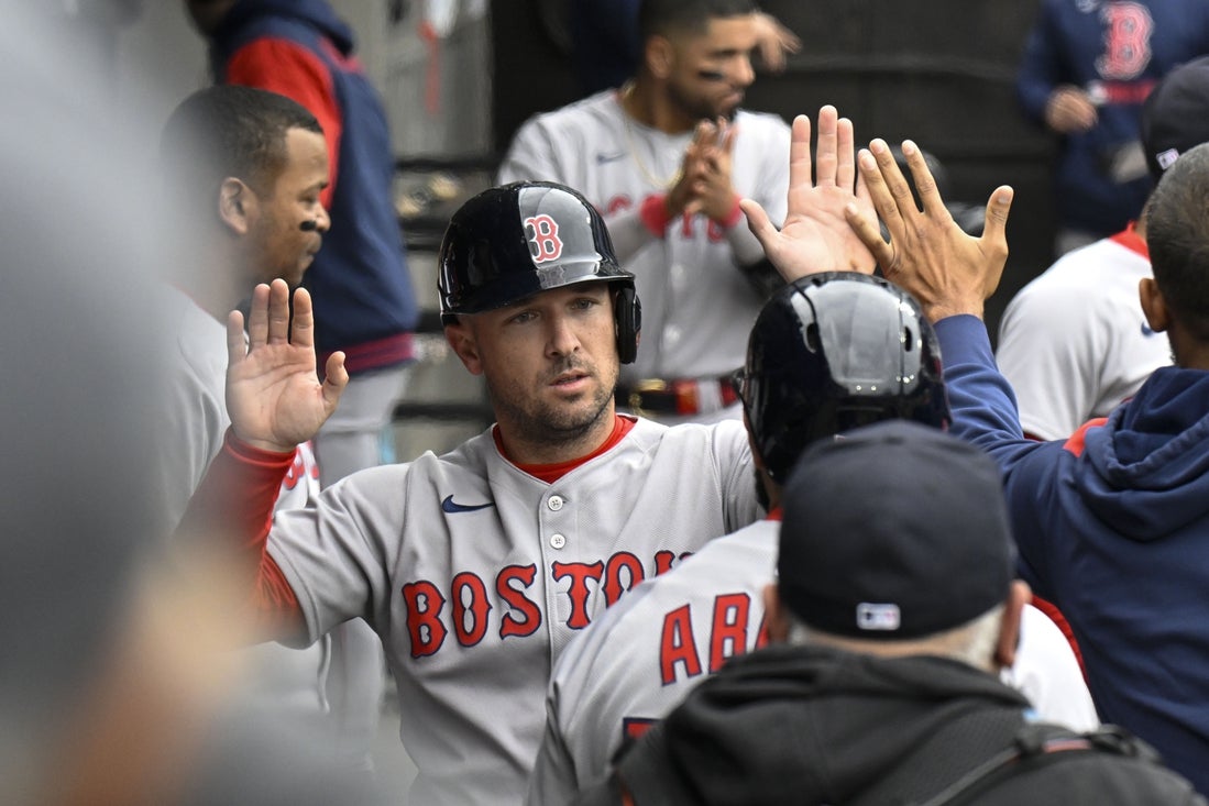 Apr 13, 2025; Chicago, Illinois, USA; Boston Red Sox third baseman Alex Bregman (2) celebrates after scoring against the Chicago White Sox during the sixth inning at Guaranteed Rate Field. Mandatory Credit: Matt Marton-Imagn Images