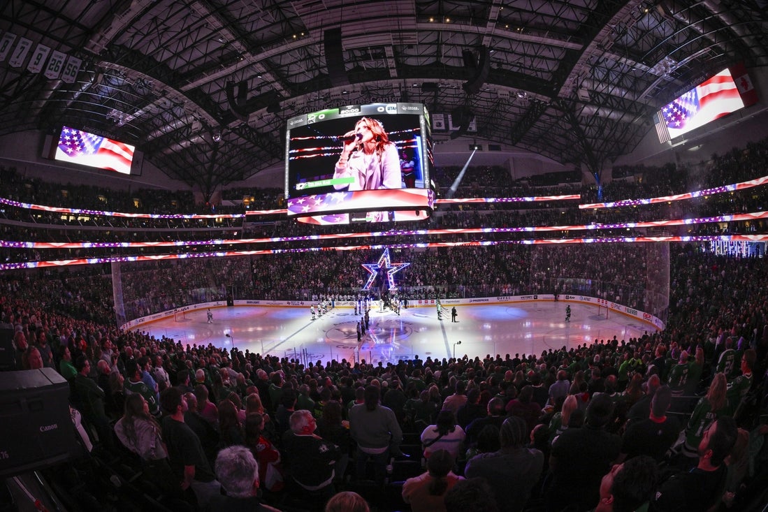 Apr 12, 2025; Dallas, Texas, USA; A view of the arena and fans before the game between the Dallas Stars and the Utah Hockey Club at the American Airlines Center. Mandatory Credit: Jerome Miron-Imagn Images
