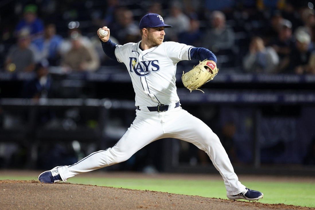 Apr 14, 2025; Tampa, Florida, USA; Tampa Bay Rays pitcher Hunter Bigge (43) throws a pitch against the Boston Red Sox in the seventh inning at George M. Steinbrenner Field. Mandatory Credit: Nathan Ray Seebeck-Imagn Images