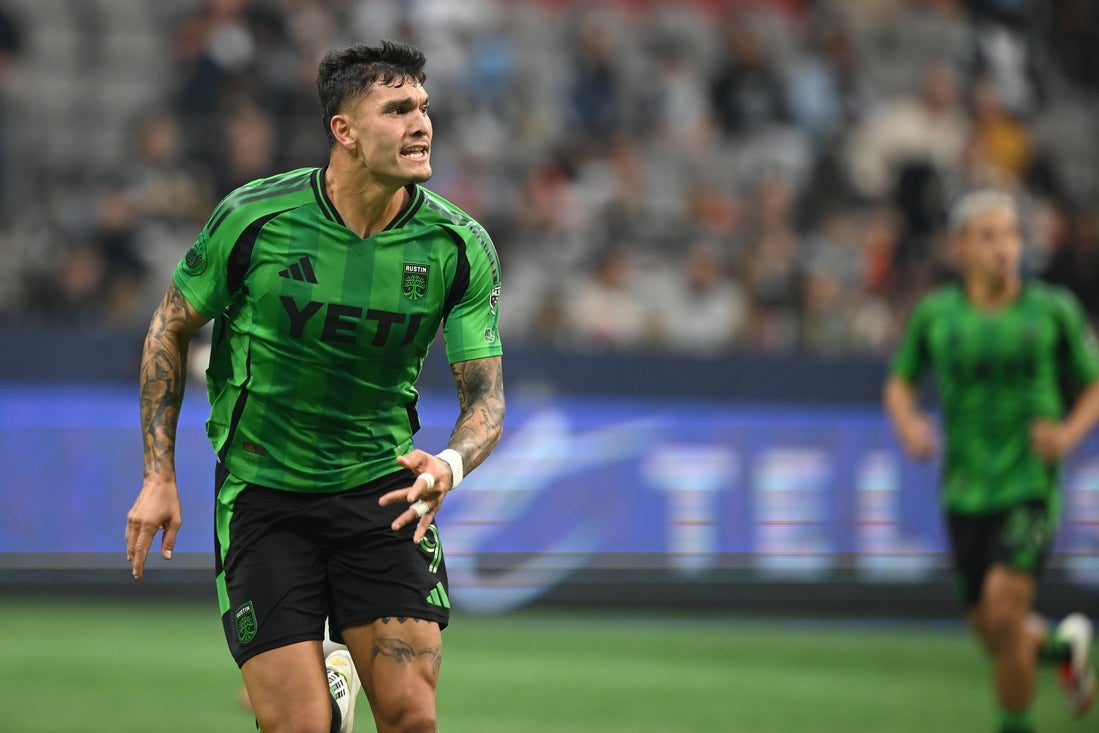Apr 12, 2025; Vancouver, British Columbia, CAN; Austin FC forward Brandon Vazquez (9) runs down the pitch during the second half against the Vancouver Whitecaps FC at BC Place. Mandatory Credit: Anne-Marie Sorvin-Imagn Images