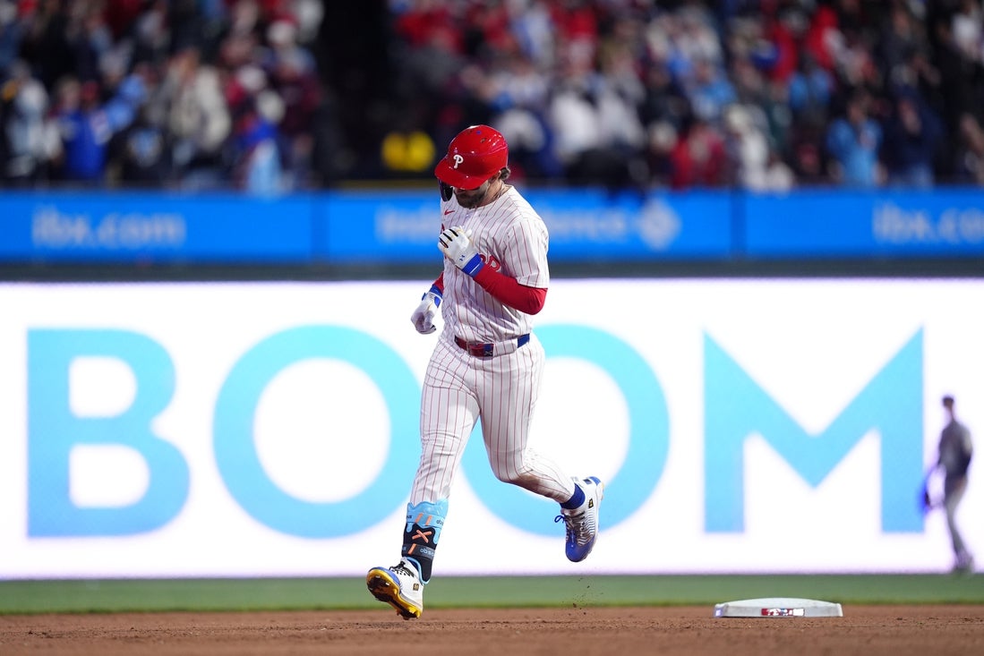Apr 15, 2025; Philadelphia, Pennsylvania, USA; Philadelphia Phillies infielder Bryce Harper (3) rounds the bases after hitting a two-run home run against the San Francisco Giants in the seventh inning at Citizens Bank Park. All players wore #42 for Jackie Robinson Day. Mandatory Credit: Kyle Ross-Imagn Images