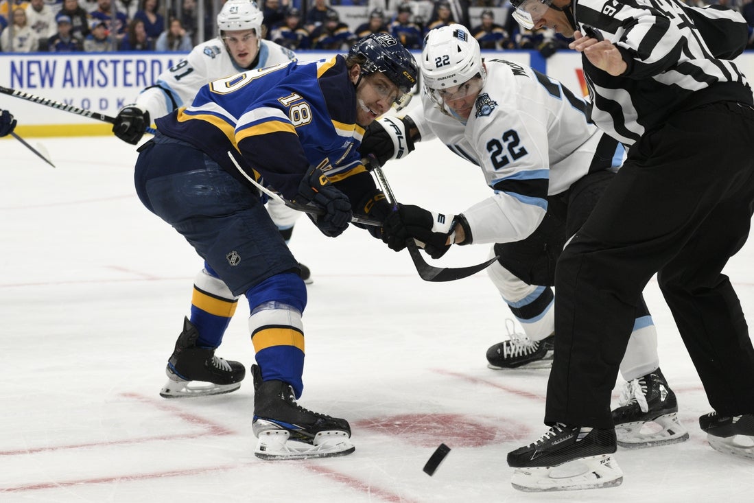 Apr 15, 2025; St. Louis, Missouri, USA; St. Louis Blues center Robert Thomas (18) takes the face-off against Utah Hockey Club center Jack McBain (22) during the first period at Enterprise Center. Mandatory Credit: Jeff Le-Imagn Images