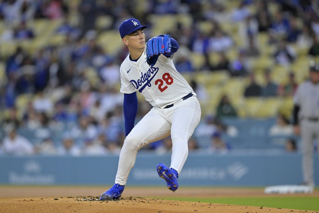 Apr 16, 2025; Los Angeles, California, USA; Los Angeles Dodgers pitcher Bobby Miller (28) pitches in the first inning against the Colorado Rockies at Dodger Stadium. Mandatory Credit: Jayne Kamin-Oncea-Imagn Images