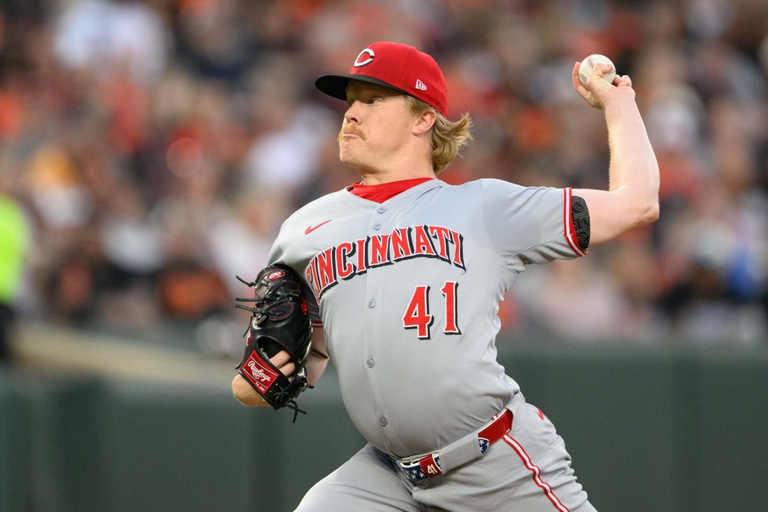 Apr 18, 2025; Baltimore, Maryland, USA; Cincinnati Reds pitcher Andrew Abbott (41) throws a pitch during the first inning against the Baltimore Orioles at Oriole Park at Camden Yards. Mandatory Credit: Reggie Hildred-Imagn Images