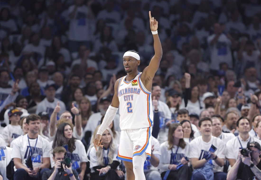 Apr 20, 2025; Oklahoma City, Oklahoma, USA; Oklahoma City Thunder guard Shai Gilgeous-Alexander (2) gestures after a play against the Memphis Grizzlies during the first quarter at Paycom Center. Mandatory Credit: Alonzo Adams-Imagn Images