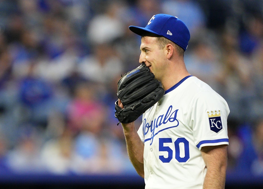 Apr 22, 2025; Kansas City, Missouri, USA; Kansas City Royals starting pitcher Kris Bubic (50) reacts during the seventh inning against the Colorado Rockies at Kauffman Stadium. Mandatory Credit: Jay Biggerstaff-Imagn Images