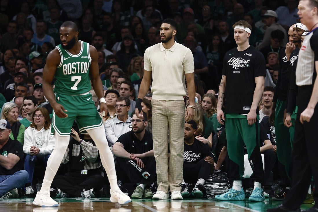 Apr 23, 2025; Boston, Massachusetts, USA; With his right wrist wrapped, Boston Celtics forward Jayson Tatum (0) looks on during the second quarter of game two of the first round of the 2024 NBA Playoffs between the Boston Celtics and the Orlando Magic at TD Garden. Mandatory Credit: Winslow Townson-Imagn Images