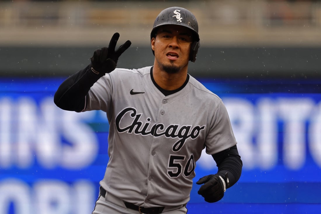 Apr 24, 2025; Minneapolis, Minnesota, USA; Chicago White Sox second baseman Lenyn Sosa (50) runs the bases on his solo home run against the Minnesota Twins in the second inning at Target Field. Mandatory Credit: Bruce Kluckhohn-Imagn Images