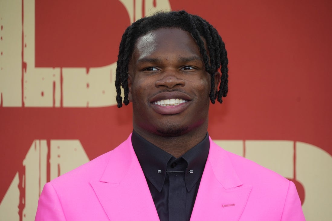 Apr 24, 2025; Green Bay, WI, USA; Colorado Buffaloes wide receiver Travis Hunter on the red carpet before the 2025 NFL Draft at Lambeau Field. Mandatory Credit: Kirby Lee-Imagn Images