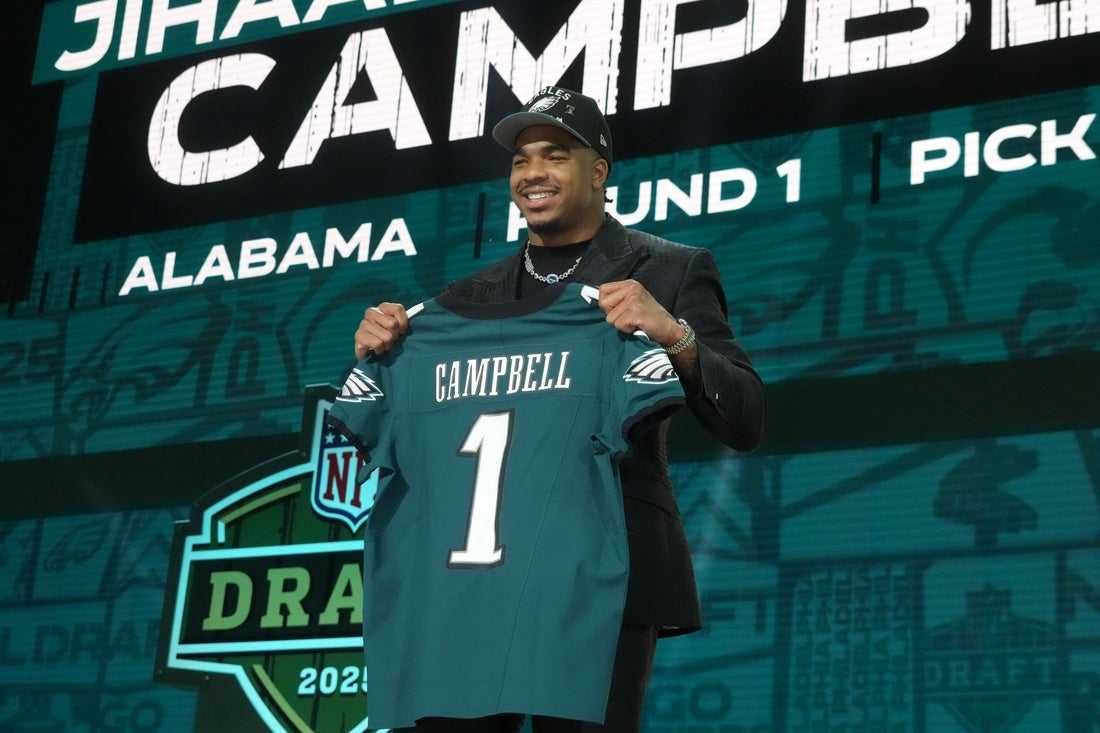 Apr 24, 2025; Green Bay, WI, USA; Alabama Crimson Tide linebacker Jihaad Campbell is selected by the Philadelphia Eagles as the number 31 pick in the first round of the 2025 NFL Draft at Lambeau Field. Mandatory Credit: Kirby Lee-Imagn Images