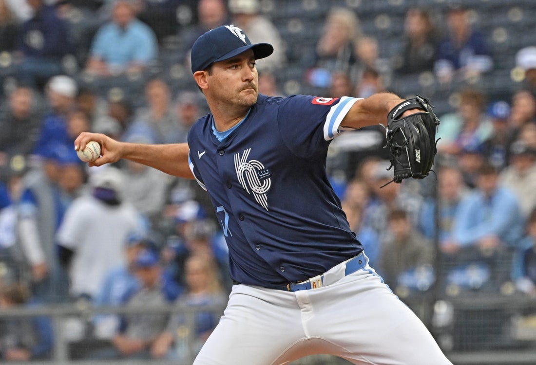 Apr 25, 2025; Kansas City, Missouri, USA; Kansas City Royals starting pitcher Seth Lugo (67) throws a pitch in the first inning against the Houston Astros at Kauffman Stadium. Mandatory Credit: Peter Aiken-Imagn Images