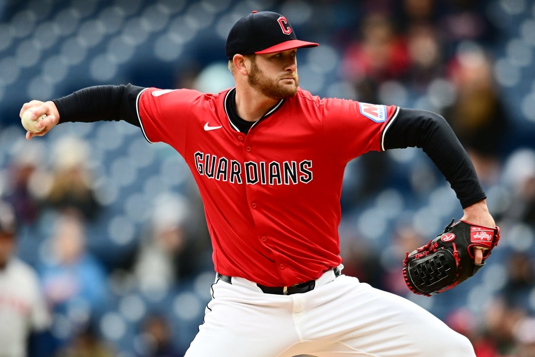 Apr 26, 2025; Cleveland, Ohio, USA; Cleveland Guardians starting pitcher Ben Lively (39) throws a pitch during the first inning against the Boston Red Sox at Progressive Field. Mandatory Credit: Ken Blaze-Imagn Images