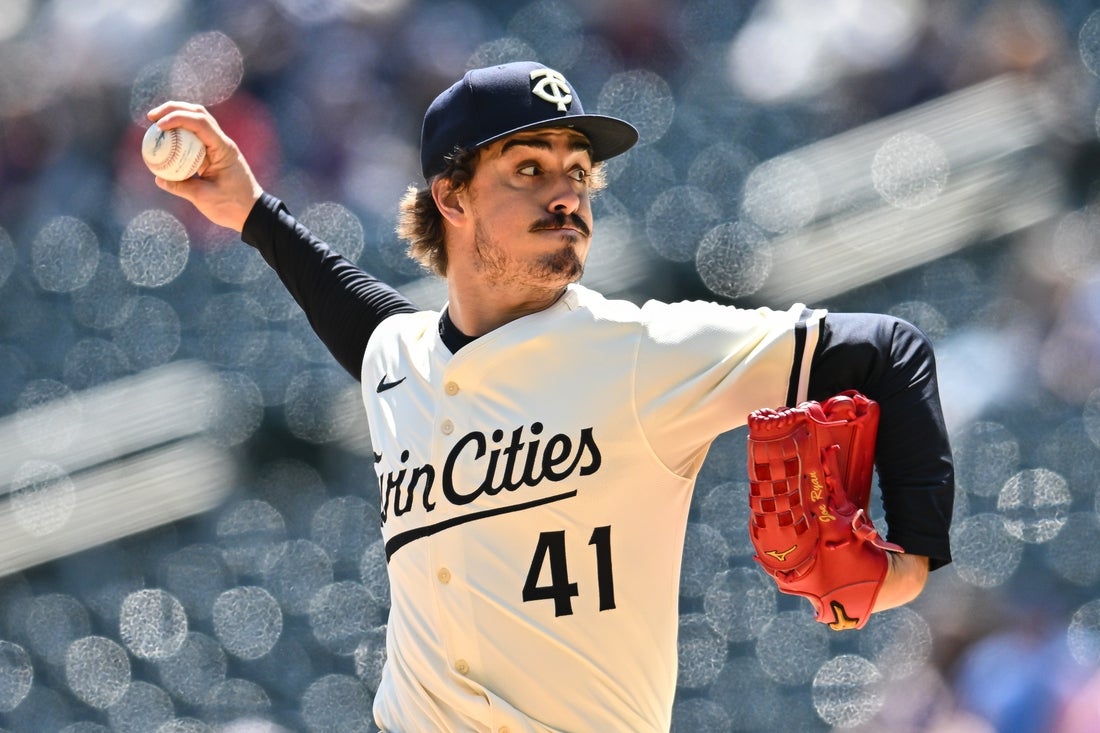 Apr 27, 2025; Minneapolis, Minnesota, USA; Minnesota Twins pitcher Joe Ryan (41) throws a pitch against the Los Angeles Angels during the first inning at Target Field. Mandatory Credit: Jeffrey Becker-Imagn Images