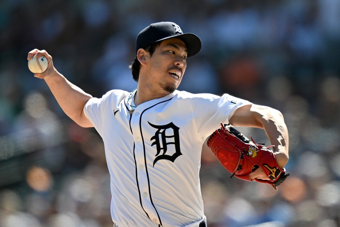 Apr 27, 2025; Detroit, Michigan, USA; Detroit Tigers pitcher Kenta Maeda (18) throws a pitch against the Baltimore Orioles in the ninth inning at Comerica Park. Mandatory Credit: Lon Horwedel-Imagn Images