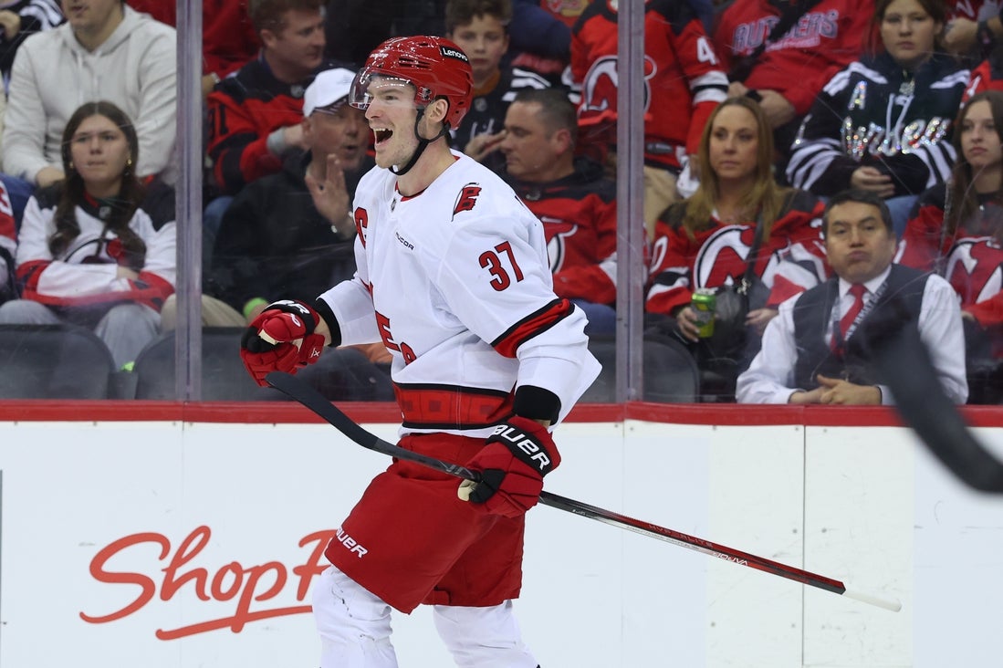 Apr 27, 2025; Newark, New Jersey, USA; Carolina Hurricanes right wing Andrei Svechnikov (37) celebrates his goal against the New Jersey Devils during the third period in game four of the first round of the 2025 Stanley Cup Playoffs at Prudential Center. Mandatory Credit: Ed Mulholland-Imagn Images
