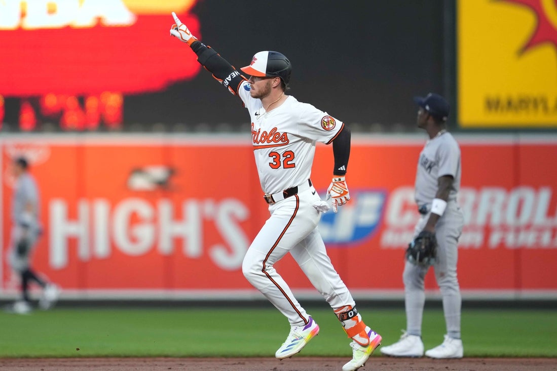 Apr 28, 2025; Baltimore, Maryland, USA; Baltimore Orioles designated hitter Ryan O’Hearn (32) gestures following his three run home run in the third inning against the New York Yankees at Oriole Park at Camden Yards. Mandatory Credit: Mitch Stringer-Imagn Images