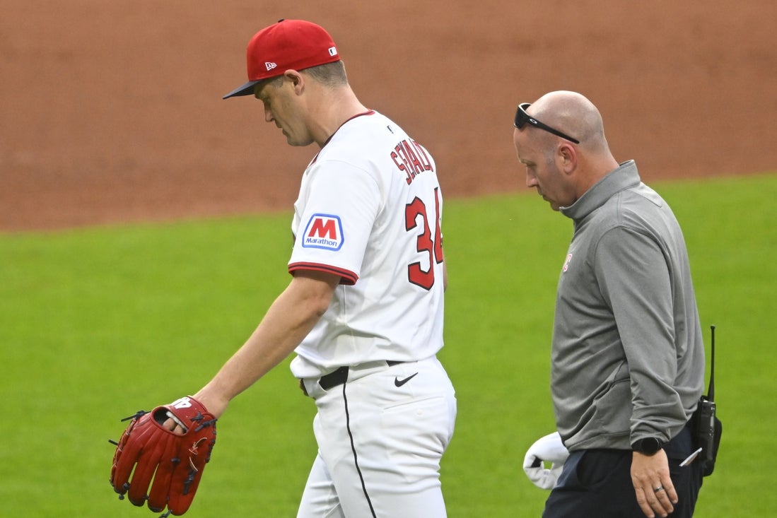 Apr 28, 2025; Cleveland, Ohio, USA; Cleveland Guardians relief pitcher Paul Sewald (34) walks off the field with an apparent injury in the fifth inning against the Minnesota Twins at Progressive Field. Mandatory Credit: David Richard-Imagn Images