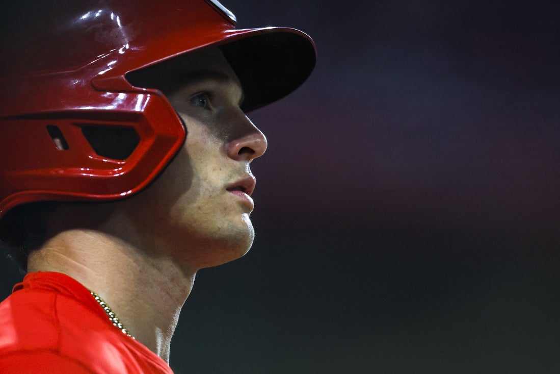 Apr 30, 2025; Cincinnati, Ohio, USA; Cincinnati Reds second baseman Tyler Callihan (32) prepares on deck in the eighth inning against the St. Louis Cardinals at Great American Ball Park. Mandatory Credit: Katie Stratman-Imagn Images