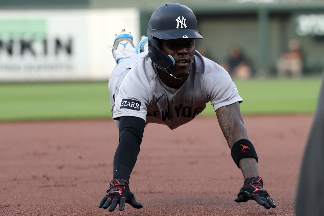 Apr 29, 2025; Baltimore, Maryland, USA; New York Yankees second baseman Jazz Chisholm Jr. (13) advances to third base during the first inning against the Baltimore Orioles at Oriole Park at Camden Yards. Mandatory Credit: Daniel Kucin Jr.-Imagn Images