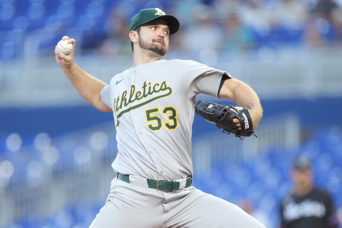 May 2, 2025; Miami, Florida, USA; Oakland Athletics pitcher Gunnar Hoglund (53) pitches in the first inning against the Miami Marlins at loanDepot Park. Mandatory Credit: Jim Rassol-Imagn Images