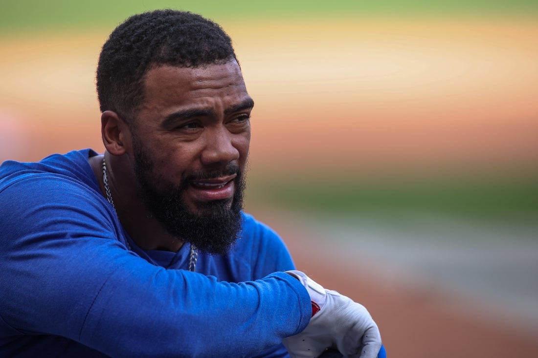 May 2, 2025; Atlanta, Georgia, USA; Los Angeles Dodgers right fielder Teoscar Hernandez (37) during batting practice before a game against the Atlanta Braves at Truist Park. Mandatory Credit: Brett Davis-Imagn Images