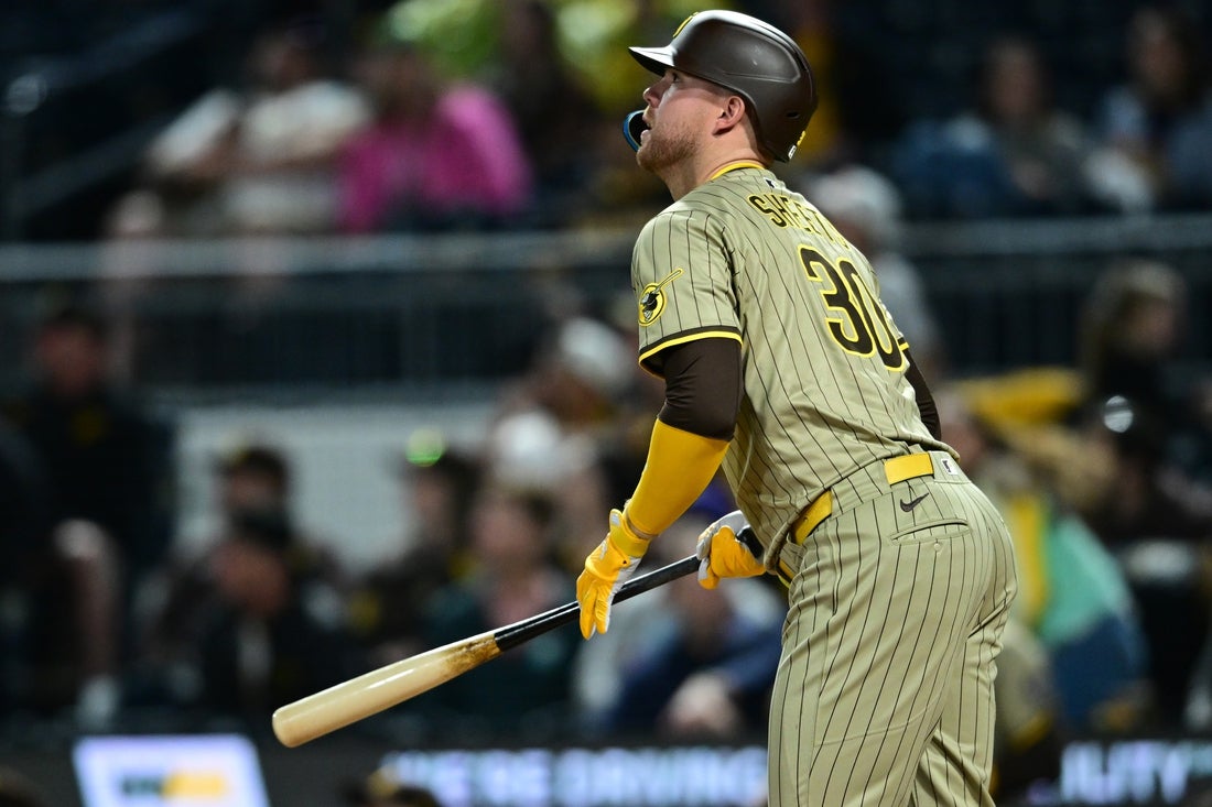May 2, 2025; Pittsburgh, Pennsylvania, USA; San Diego Padres left fielder Gavin Sheets (30) watches his ball after hitting a solo home run off Pittsburgh Pirates starting pitcher Mitch Keller (23) during the fourth inning at PNC Park. Mandatory Credit: David Dermer-Imagn Images