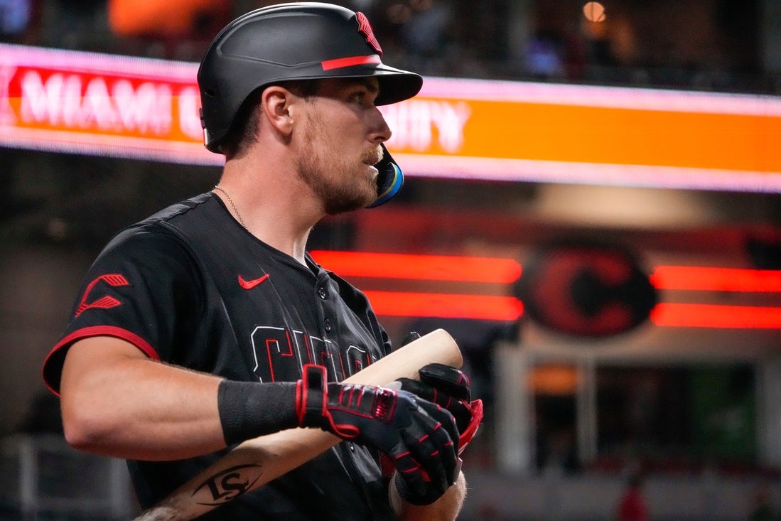 Cincinnati Reds designated hitter Tyler Stephenson (37) prepares to bat in the seventh inning of the MLB National League game between the Cincinnati Reds and the Washington Nationals at Great American Ball Park in downtown Cincinnati on Friday, May 2, 2025.