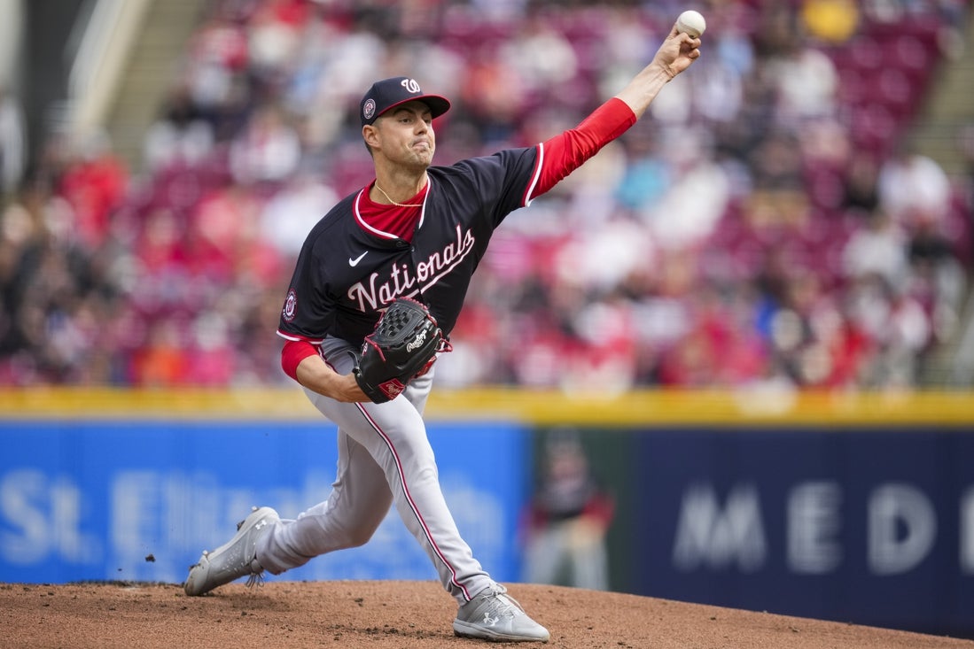 May 4, 2025; Cincinnati, Ohio, USA; Washington Nationals pitcher MacKenzie Gore (1) throws against the Cincinnati Reds in the first inning inning at Great American Ball Park. Mandatory Credit: Aaron Doster-Imagn Images