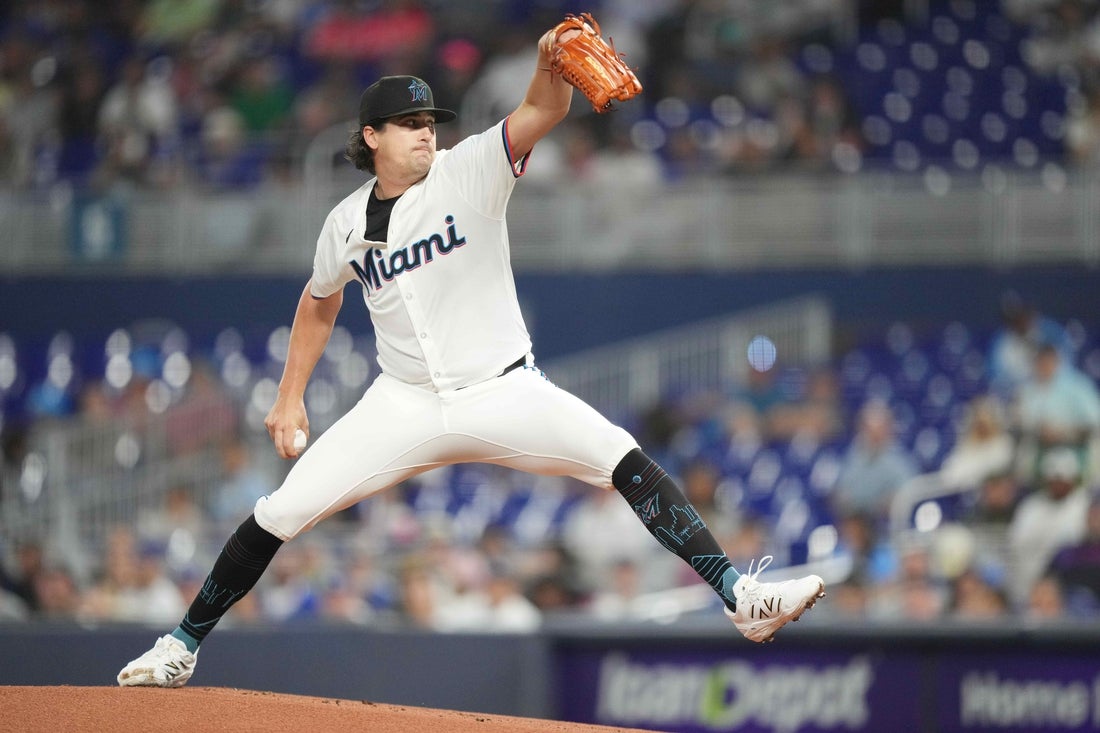 May 6, 2025; Miami, Florida, USA; Miami Marlins pitcher Cal Quantrill (47) pitches in the first inning against the Los Angeles Dodgers at loanDepot Park. Mandatory Credit: Jim Rassol-Imagn Images