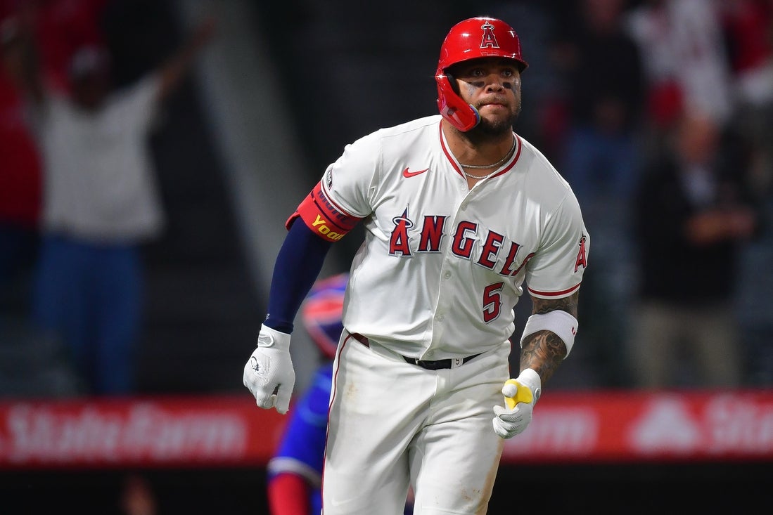 May 6, 2025; Anaheim, California, USA; Los Angeles Angels third baseman Yoan Moncada (5) runs after hitting a three run home run against the Toronto Blue Jays during the eighth inning at Angel Stadium. Mandatory Credit: Gary A. Vasquez-Imagn Images