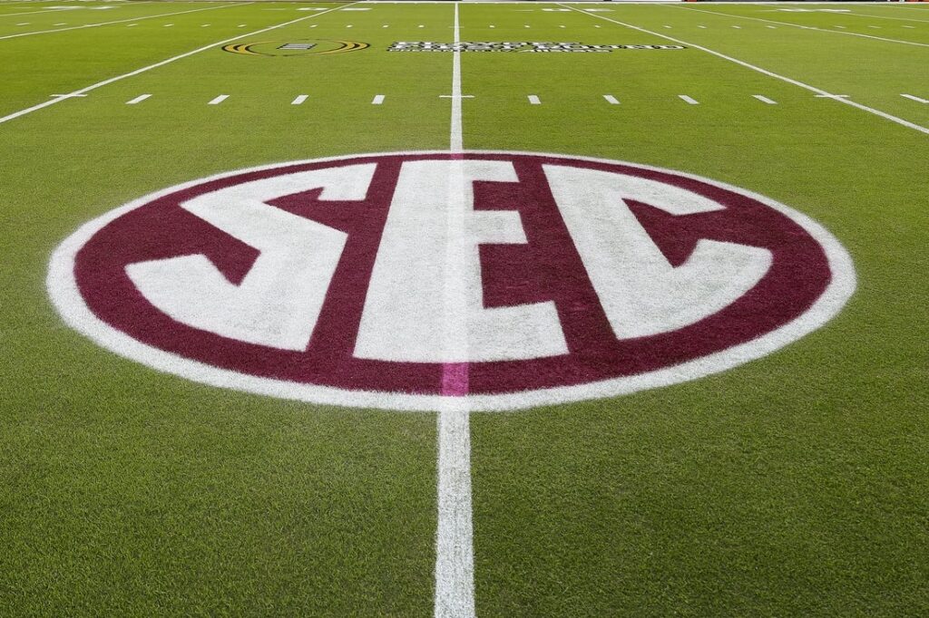 Dec 20, 2025; College Station, TX, USA; A detail view of the SEC logo